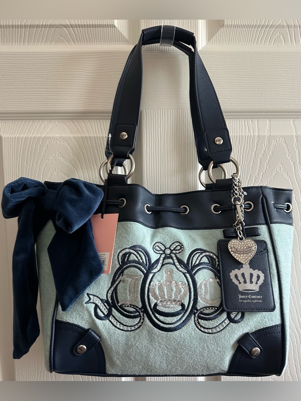 Juicy Couture Navy and Light Blue Crest Embroidered Tote with Bow